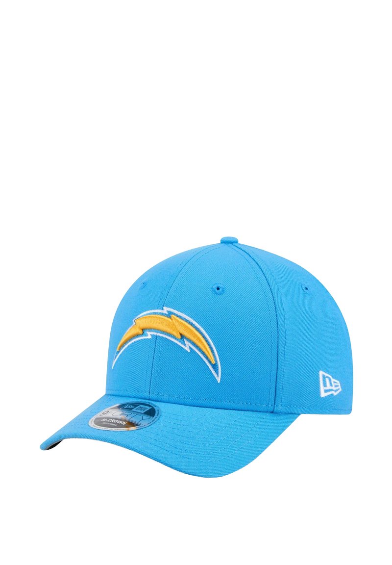 Light blue baseball cap made of fabric, featuring an embroidered yellow lightning bolt logo on the front and a structured design.