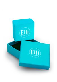 Turkis papærsgaveæske med en glat overflade, der har et hvidt logo "Elli by Julie & Grace" på låget, og en grøn indvendig del.