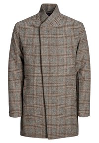 Cappotto a scacchi grigio con accenti marroni e rossi, caratterizzato da un colletto alto, un taglio dritto e una chiusura nascosta per un aspetto elegante.