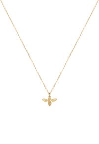 Guld bi vedhæng halskæde på en kæde. Har detaljerede vinger og krop. Glat tekstur, cirkulære led og en varm metallisk glans.
