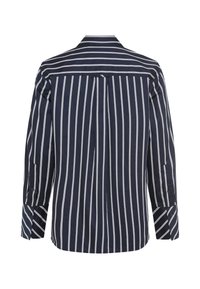 Camicia a maniche lunghe di colore blu navy con righe verticali bianche, colletto classico e polsini con bottoni, con una silhouette posteriore dritta.