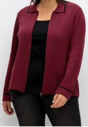Vrouw draagt een bordeauxrode cardigan met rits en zwarte rand over een zwarte top en zwarte broek, staand tegen een witte achtergrond.