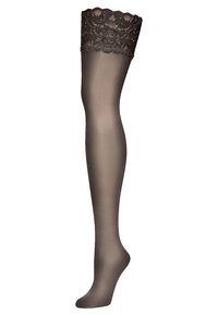 Uigennede lårhøje strømper i mørkegrå med en bølgede blondebånd øverst. Glat tekstur og tætsiddende design for dækning af benene.