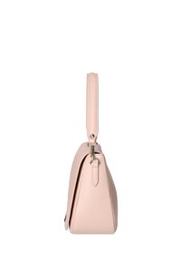 Lichtroze leren handtas met een gestructureerd ontwerp, voorzien van een enkele handgreep aan de bovenkant en zichtbare stikdetails. Compacte en hoekige vorm.