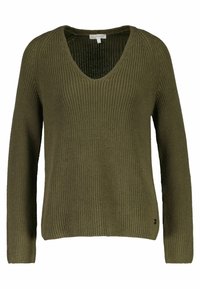 Pull en tricot de couleur vert olive à manches longues, avec un col en V et une texture côtelée, présenté sur un fond blanc.