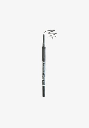 Vetäistävä musta silmänrajauskynä, jossa on irrotettu korkki ja musta spiraaliviiva piirretty kynän kärjen yläpuolelle valkoisella taustalla.