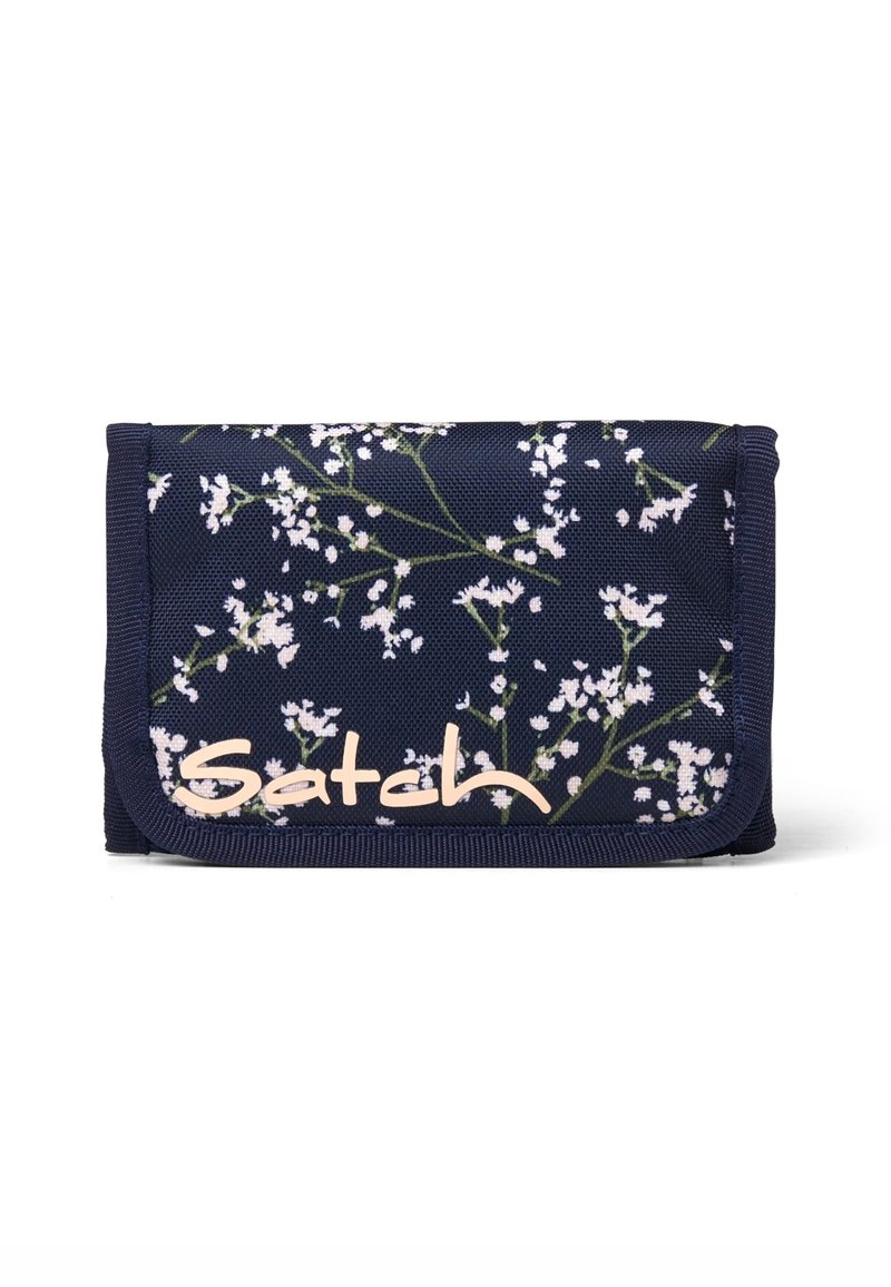 Navy fabric wallet with floral pattern, featuring white flowers and green stems. Closure flap with pink "Satch" logo detail.
