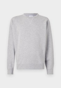 Šedá mikina vyrobená z měkké bavlněné směsi, s kulatým výstřihem, dlouhými rukávy a vroubkovaným lemem s jemnou texturou.