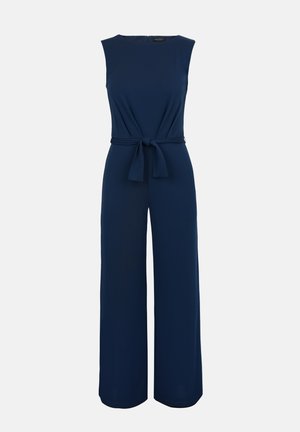 Mouwloze marineblauwe jumpsuit met wijde pijpen, ronde halslijn en een stoffen riem die in de taille is gestrikt, zonder zichtbare patronen of versieringen.
