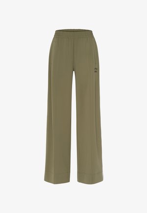 Olive green wide-leg pants with an elastic waistband, two side pockets, and subtle front pleats; smooth texture with minimal detailing.