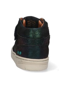 Black and teal glittery high-top sneaker with a white rubber sole, featuring a hook-and-loop strap and padded collar.