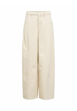 Pantalon crème taille haute à jambes larges avec des rayures verticales cousues, poches avant, passants de ceinture et fermeture par bouton à la taille.