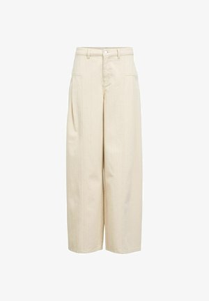 Pantalon crème taille haute à jambes larges avec des rayures verticales cousues, poches avant, passants de ceinture et fermeture par bouton à la taille.