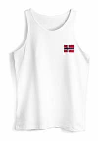 White cotton tank top featuring a small Norwegian flag design on the upper left side. The fabric is smooth with a classic, sleeveless cut.