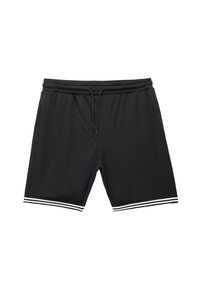 Zwarte sportshorts van lichtgewicht materiaal, met een elastische tailleband met trekkoord en witte gestreepte accenten aan de zoom.