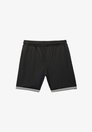 Sorte træningsshorts lavet af letvægtsmateriale, med en elastisk talje med snor og hvide stribede detaljer ved kanten.