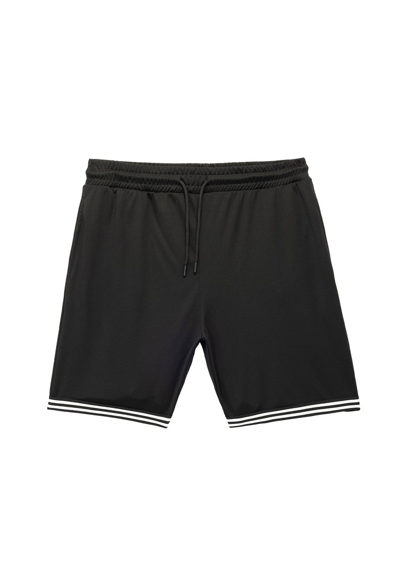 Zwarte sportshorts van lichtgewicht materiaal, met een elastische tailleband met trekkoord en witte gestreepte accenten aan de zoom.