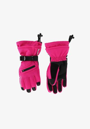 Różowe wodoodporne rękawice z czarnymi dłoniami, regulowanymi mankietami i zamykanymi kieszeniami. Posiadają teksturowaną powierzchnię zapewniającą chwyt i ciepło.
