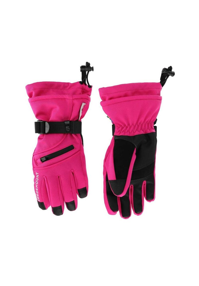 Vaaleanpunaiset vedenpitävät hanskat mustilla kämmenillä, säädettävillä hihnoilla ja vetoketjullisilla taskuilla. Varustettu teksturoidulla pinnalla, joka tarjoaa pidon ja lämpöä.