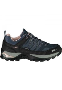Waterproof outdoor shoes with a dark blue textile upper, black rubber sole, and textured accents. Features a secure lace-up design.