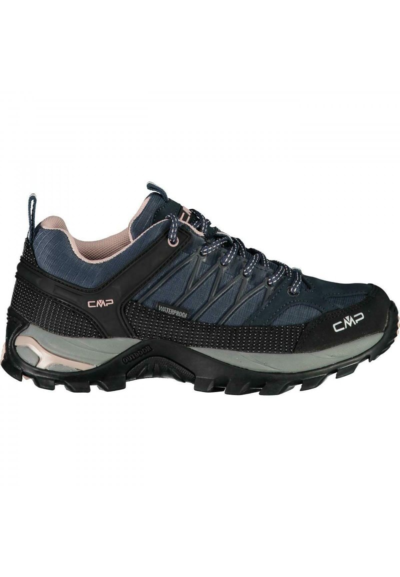 Waterproof outdoor shoes with a dark blue textile upper, black rubber sole, and textured accents. Features a secure lace-up design.