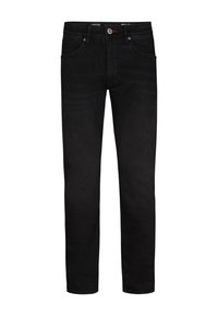 Jeans negros de corte ajustado con botón frontal y cremallera, diseño de cinco bolsillos y trabillas para cinturón.