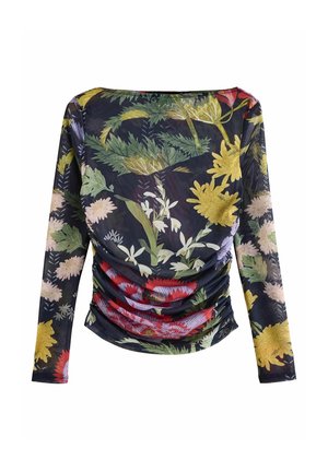Haut en mesh noir à manches longues avec imprimé floral multicolore comprenant des feuilles vertes, des fleurs jaunes, rouges, blanches et violettes, et des détails froncés à la taille.