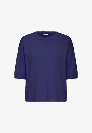 Chemise à manches courtes tricotée violette, au fit décontracté, avec un col rond et des poignets côtelés. Texture douce, design minimal, tissu uni.