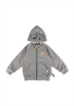 Felpa grigia per bambini con cappuccio a forma di faccia di squalo, cerniera blu, tasche frontali e la scritta "Ciao!" stampata in giallo sul petto.