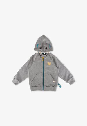 Grauer Kinder-Sweatshirt mit Reißverschluss und Haifisch-gesicht auf der Kapuze, blauer Reißverschluss, Fronttaschen und dem Schriftzug „Hi!“ in Gelb auf der Brust.