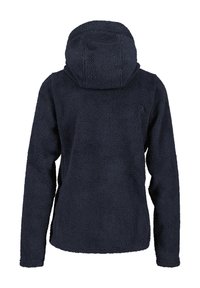 Dunkelblaues Fleece-Jacke mit einer weichen, strukturierten Oberfläche, Kapuze und langen Ärmeln. Einfaches Design ohne sichtbare Beschläge oder Akzente.