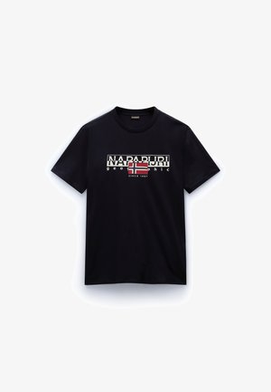 T-shirt en coton noir avec un logo "Napapijri" imprimé et un design de drapeau norvégien. Col rond et manches courtes.