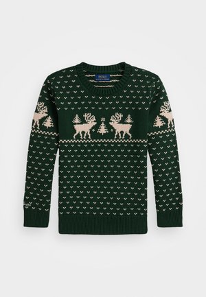 Pull en maille vert foncé avec motifs de rennes et d'arbres beige sur la poitrine et les manches, poignets et ourlet côtelés, encolure ronde.