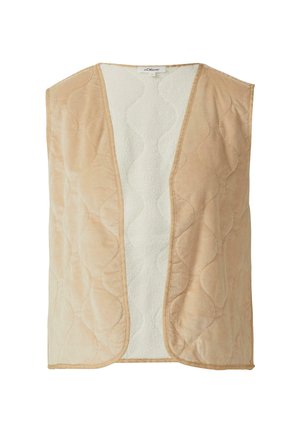 Beige ärmellose, gesteppte Weste mit weichem weißem Innenfutter und offenem Vorderteil aus Cordstoff.