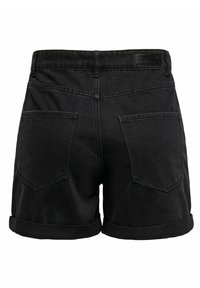 Pantalones cortos de mezclilla negra con cintura alta, dobladillos enrollados y dos bolsillos traseros. Cuenta con una etiqueta de marca de cuero en la parte trasera de la cinturilla.