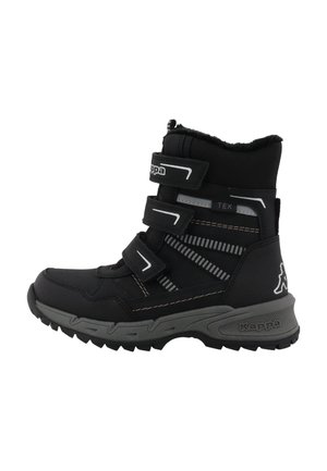 Botte d'hiver noire avec trois bandes Velcro, semelle grise, détails réfléchissants, doublure en polaire et logo Kappa sur le talon et la bride.