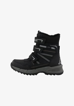 Botte d'hiver noire avec trois bandes Velcro, semelle grise, détails réfléchissants, doublure en polaire et logo Kappa sur le talon et la bride.
