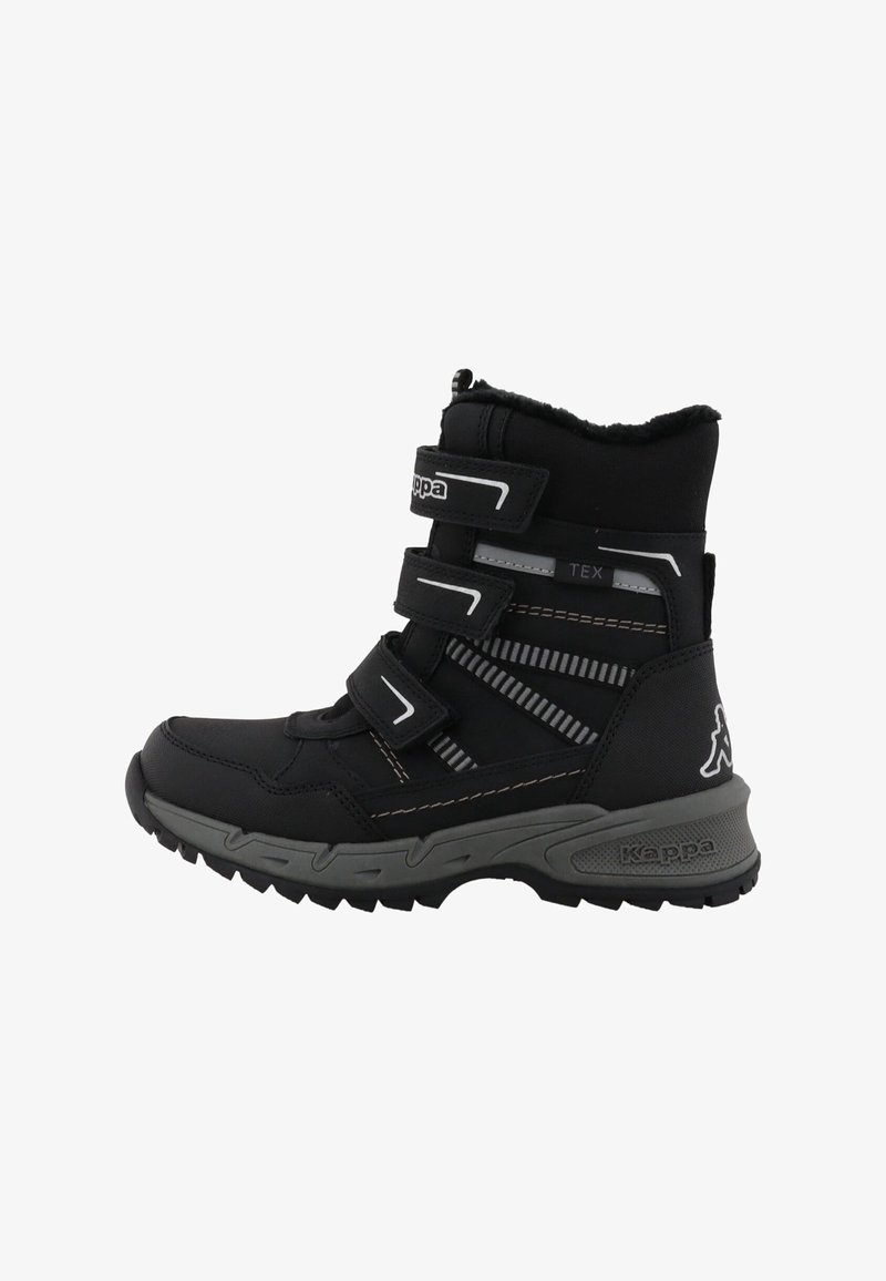 Botte d'hiver noire avec trois bandes Velcro, semelle grise, détails réfléchissants, doublure en polaire et logo Kappa sur le talon et la bride.