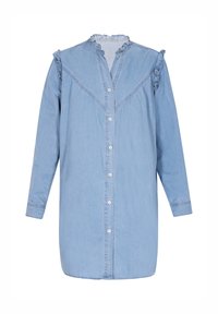 Svetlomodrá džínová košeľová šaty s dlhými rukávmi, volánovými detailmi na pleciach, zapínaním na gombíky a mierne zakriveným lemom.