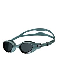 Aqua-kleurige zwembril met een zwart frame, verstelbare band en gebogen lenzen; tekstuuraccenten aan de zijkanten verbeteren de grip en pasvorm.