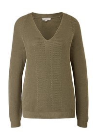 Pull en maille vert olive à manches longues, col en V et poignets et ourlet côtelés.