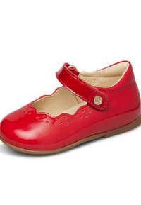 Rote Lackleder-Mary Jane-Schuhe mit gewelltem Rand, dekorativen Ausschnitten und einem verstellbaren Riemen mit einem goldenen Sternknopf.