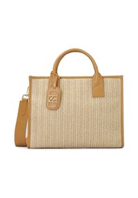 Táska, amelynek bézs szövése herringbone mintájú, barna szintetikus bőrből készült díszítések találhatók rajta, két felső fogantyúval és levehető vállpánttal.