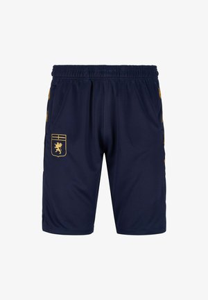 Pantaloni sportivi blu navy con vita elasticizzata, dotati di un emblema dorato di leone sulla tasca sinistra e dettagli dorati sui lati.