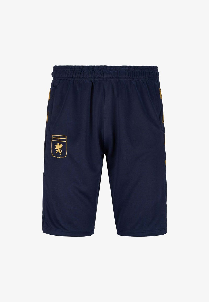 Pantaloni sportivi blu navy con vita elasticizzata, dotati di un emblema dorato di leone sulla tasca sinistra e dettagli dorati sui lati.