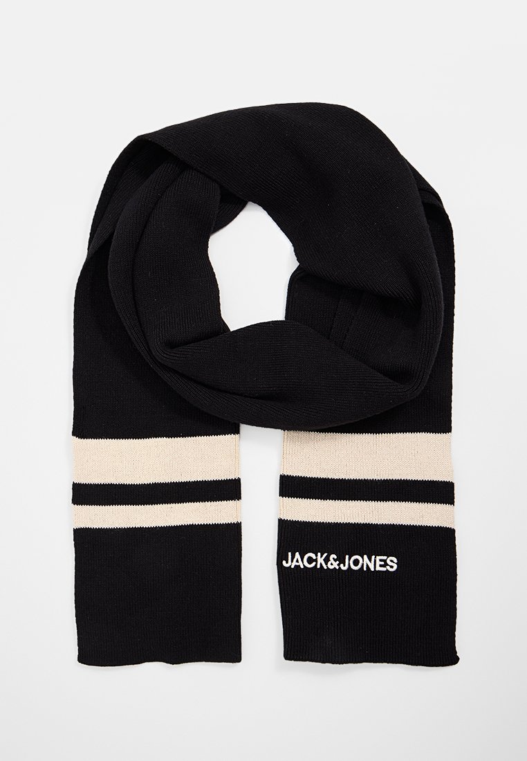 Zwarte gebreide sjaal met twee crèmekleurige strepen en het "JACK&JONES"-logo. Zachte textuur, lang rechthoekig formaat, gelijkmatige stiksel en geen zichtbare hardware.