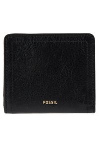 Zwarte leren portemonnee met een gestructureerde afwerking. Beschikt over een gouden "Fossil"-logo onderaan en meerdere kaartsleuven voor organisatie.