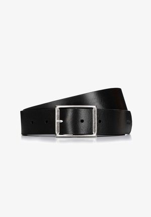 Ceinture en cuir noir avec une boucle carrée en argent. Elle présente une surface lisse et plusieurs trous pour l'ajustement. Design classique et matériau durable.
