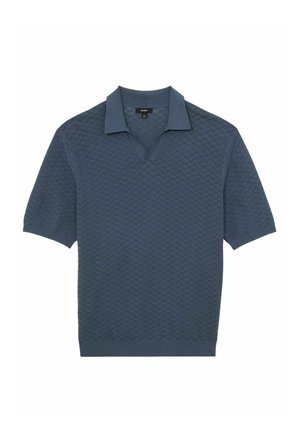 Blaues Strick-Poloshirt mit kurzen Ärmeln, strukturiertem geometrischem Muster und offenem Kragen.