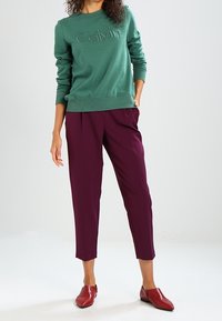 Zelená mikina s vyšitým nápisem "Calvin" vpředu, v kombinaci s fialovými zúženými kalhotami a červenými nazouvacími botami. Hladká látka, volný střih.